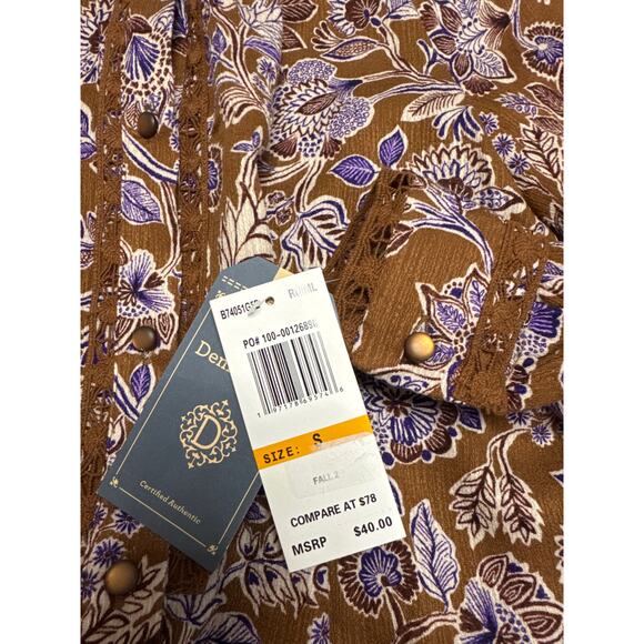 NWT Democracy Small Top Long Sleeve Button Up Brown Cream Purple Floral Lace - Picture 7 of 7